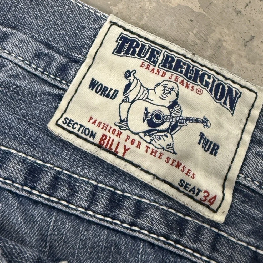 True Religion Billy Jeans Men 37 Blue Fair Distressed Bootcut Thick Stitch USA